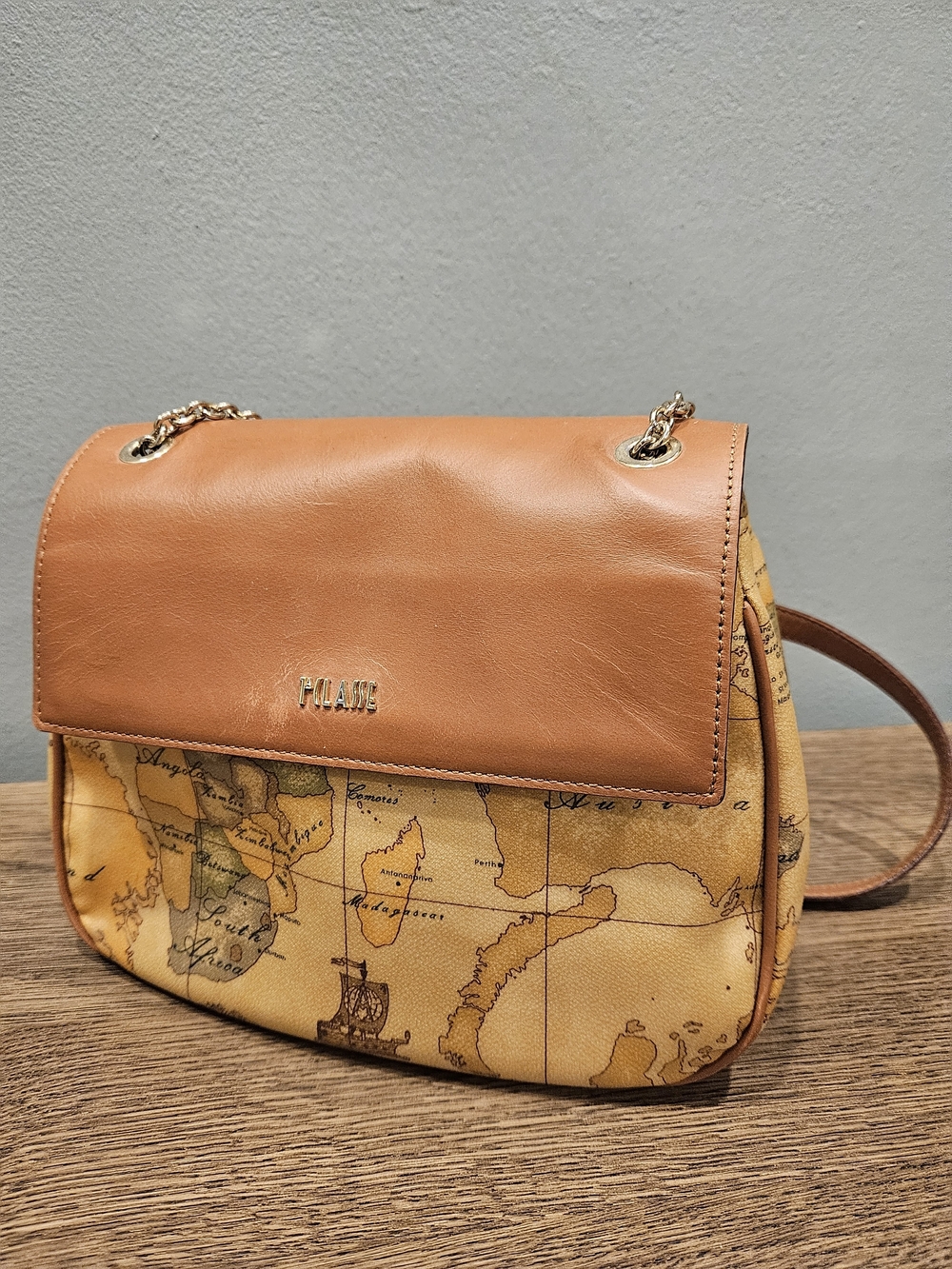 Alviero Martini Map-Print Shoulder Bag with Tan Leather Flap